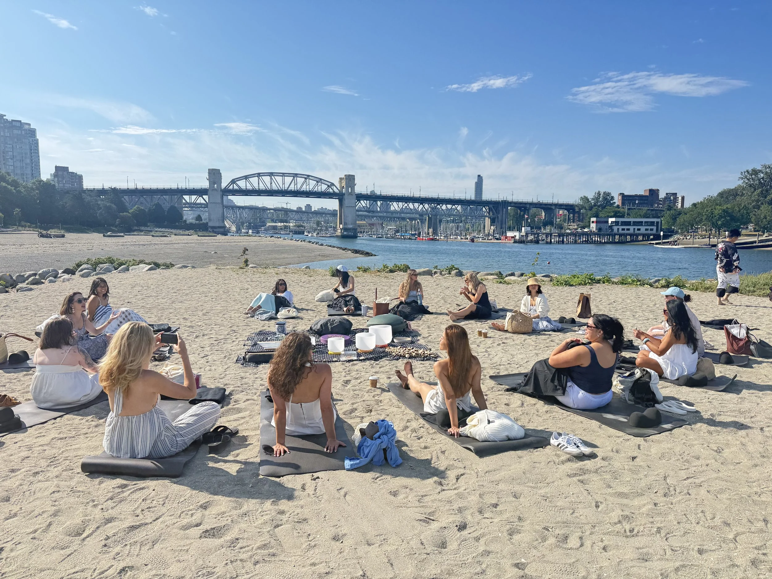 Beach sound bath setup in the West End of Vancouver at Sunset Beach