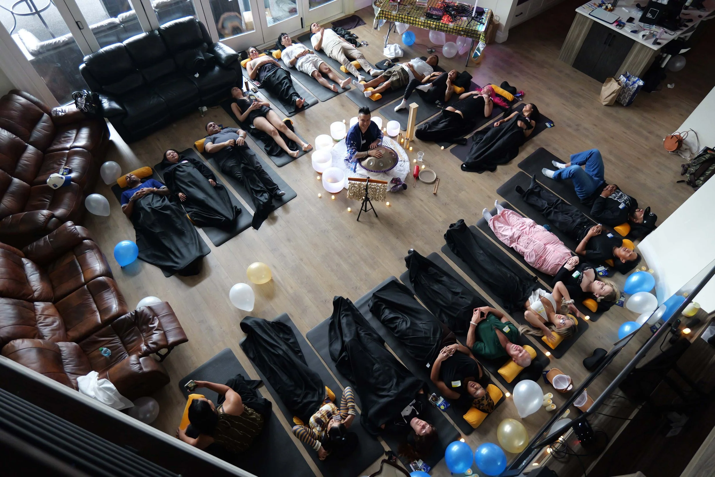 A sound therapy session for a private group birthday sound bath in Surrey facilitated by Alex Ma from Solar Soul Circle