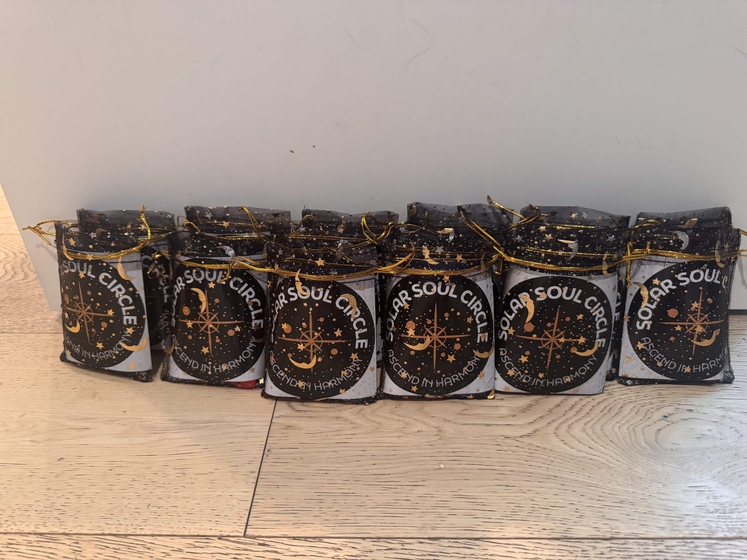 A pile of pre made gift bags by Solar Soul Circle