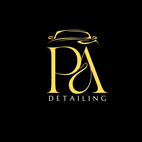 Logo for P&A Detailing featuring a stylized car outline and gold lettering on a black background.