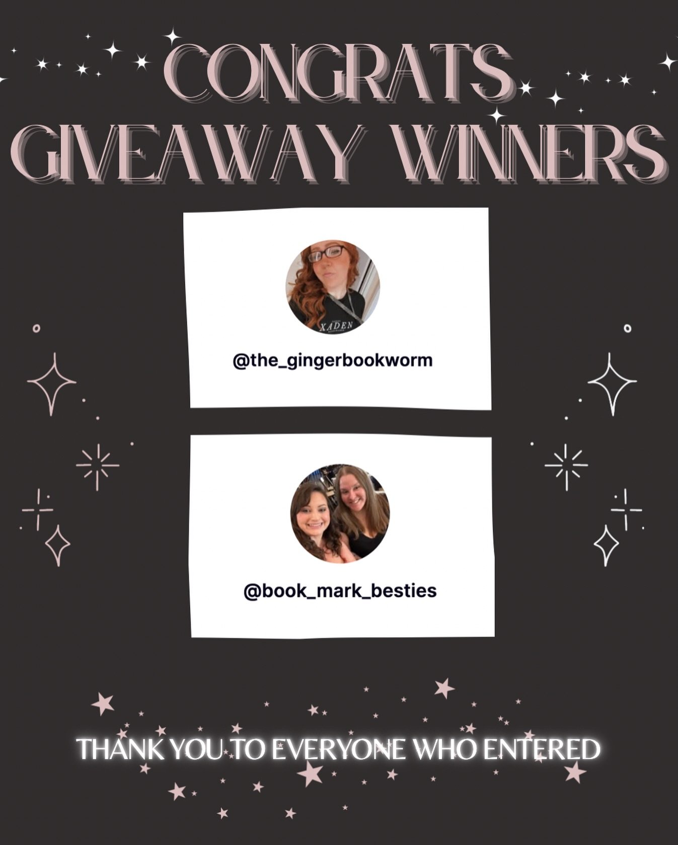 Thank you for everyone that entered our giveaway!

We have two winners:
✨ @book_mark_besties 
✨ @the_gingerbookworm 

Thank you all for being here with us. It means the world to us. 🫶🏼

Keep an eye out on our page. We have another exciting giveaway