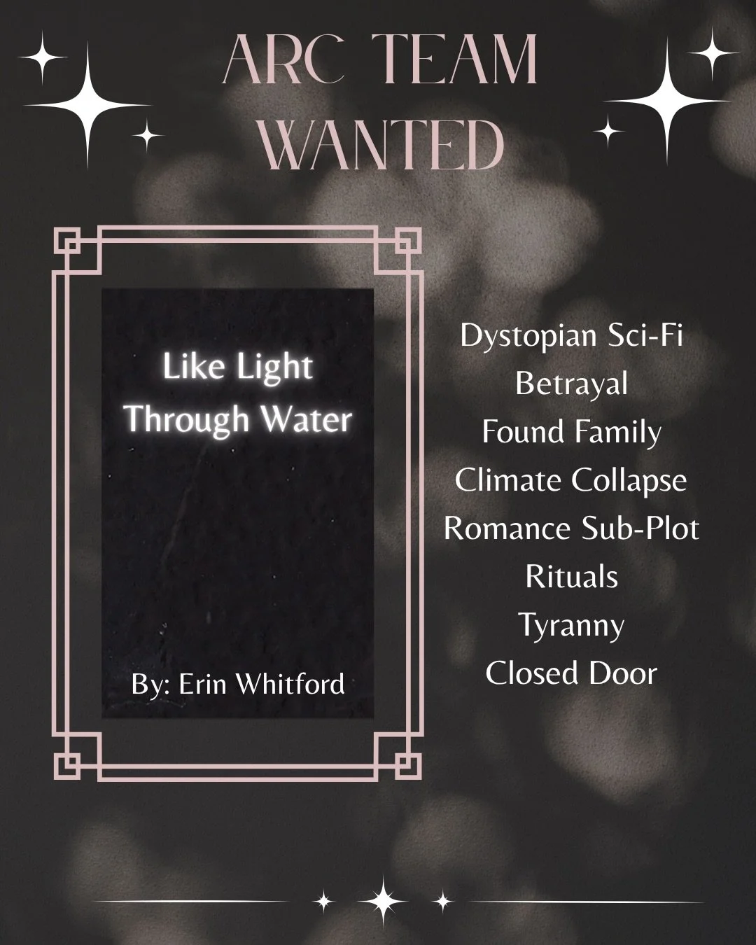Reminder!! ARC team applications for &ldquo;Like Light Through Water&rdquo; by @erinwhitford_writes are still open!

Don&rsquo;t miss out on this Dystopian Sci-Fi! You do not need to be a RTSPR influencer to apply! Make sure to check our application 