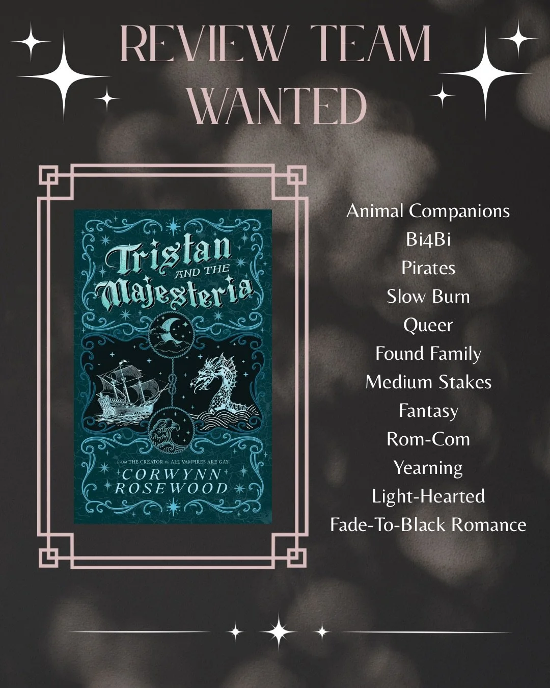 📣 LAST CALL FOR THIS QUEER COZY FANTASY by @corwynnrosewood! 📣

You do not want to miss out on this cozy rom-com that has campy fun adventures, sassy talking mice, women in black leather with swords, bisexual men with dangly earrings, yearning, hum