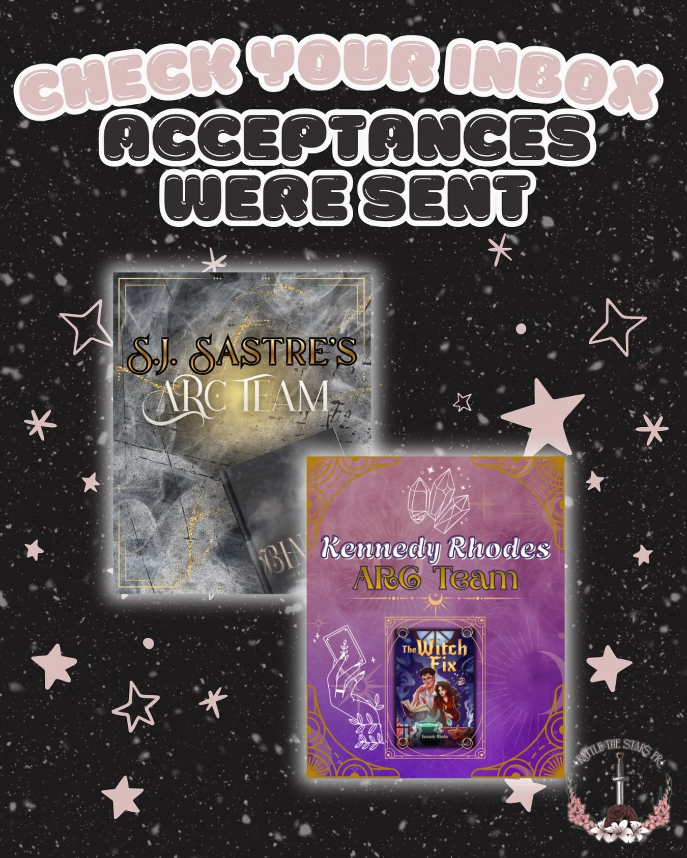 Check your inboxes! Acceptances have gone out for &ldquo;The Witch Fix&rdquo; by @kennedyrhodesbooks and &ldquo;Binding&rdquo; by @s.jauth! 

Make sure you check your junk and your promotions folders! 

Make sure you&rsquo;re following @s.jauth, @ken