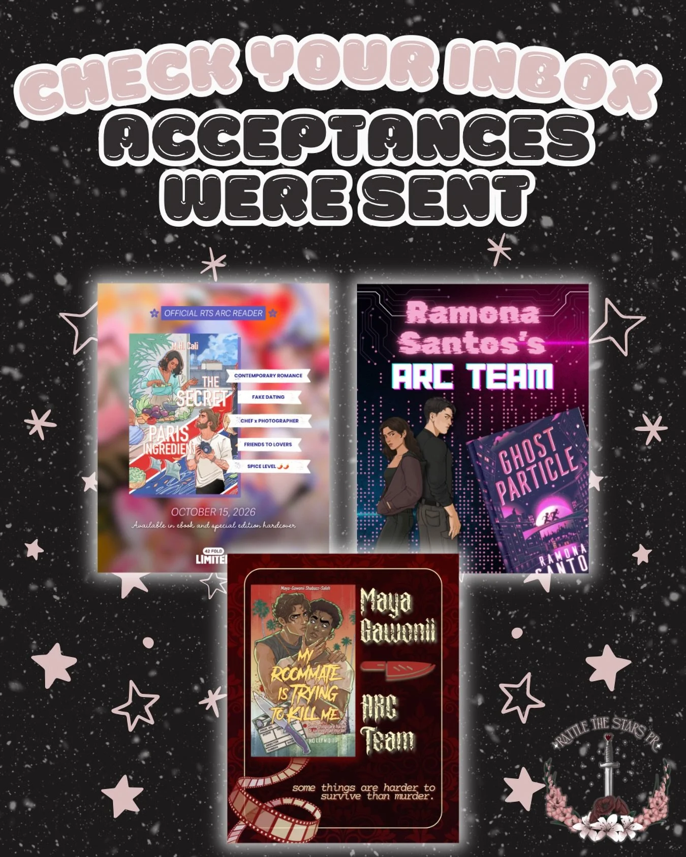 🗣️ CHECK YOUR INBOXES 🗣️

Team acceptances were sent out for @mayagawoniiwrites, @mhcaliwrites, and @ramonasantos_author ARC teams! 

Make sure to check your junk and promotional folder! 📧

Check the link in our bio for all current open signups!

