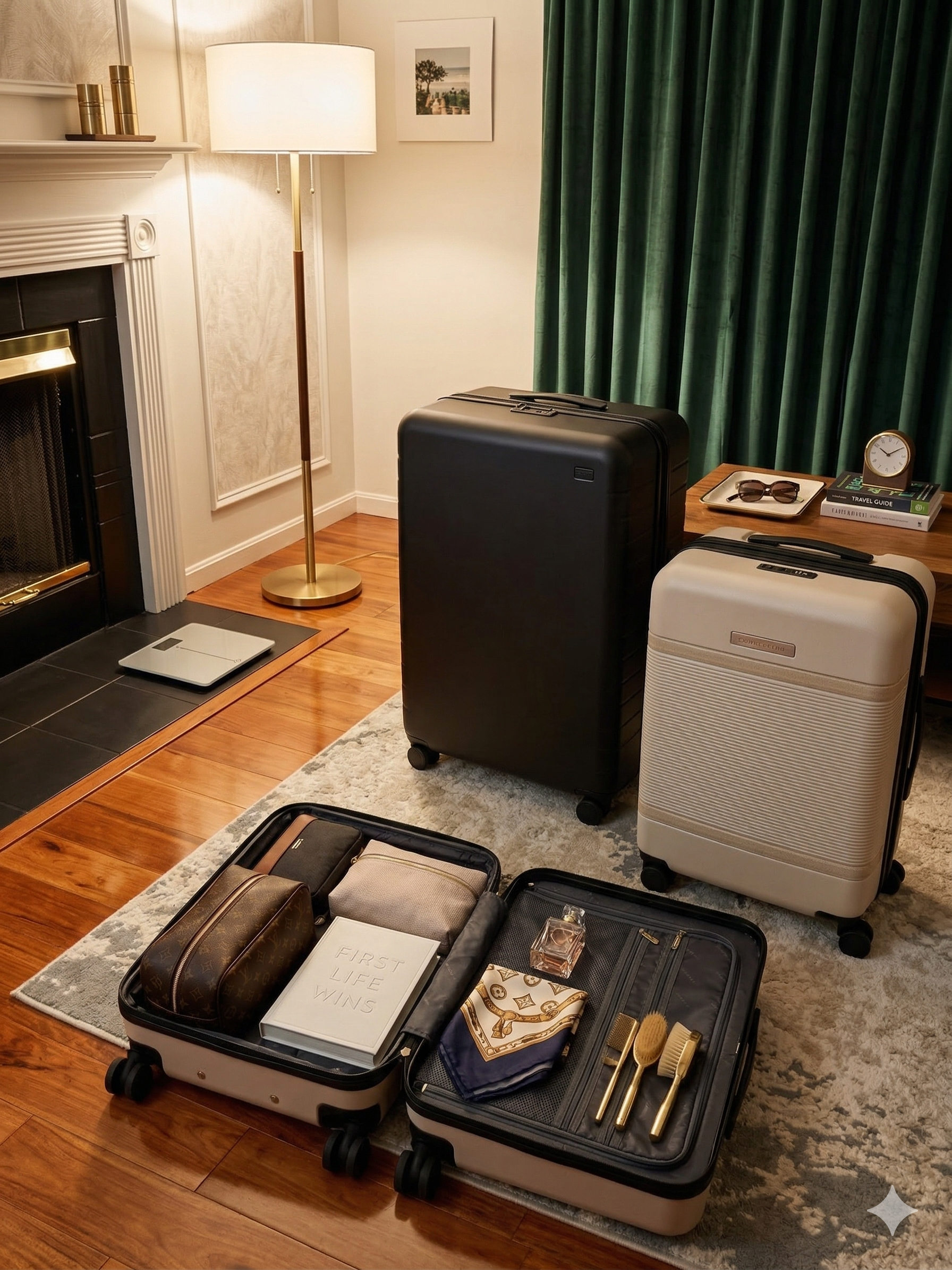 Luxury luggage and travel essentials in an elegant room