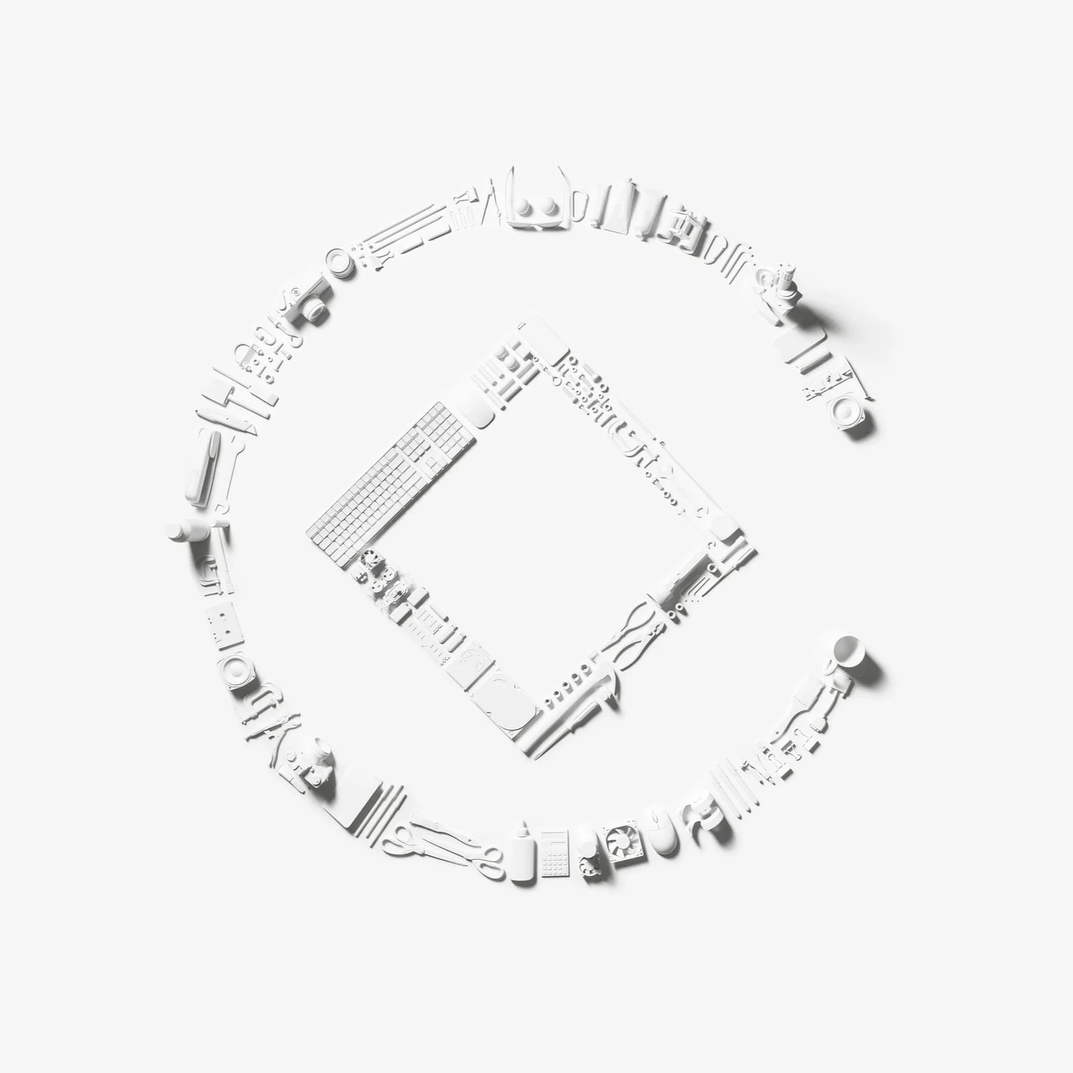 Collection of white objects arranged in a square and circular pattern on a white background, including tools, electronic devices, and everyday items.