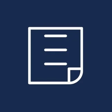 Icon of a document with lines and a folded corner on a dark blue background.