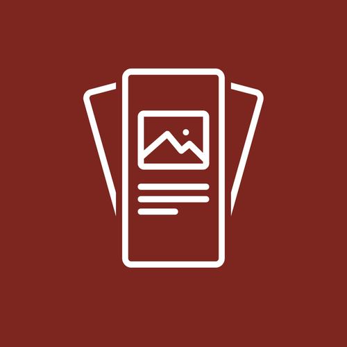 Minimalist icon of three playing cards on a dark red background.