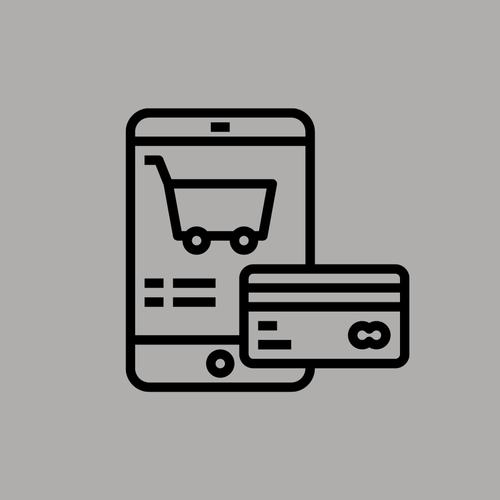 Smartphone with shopping cart icon and credit card, representing online shopping or mobile payment.