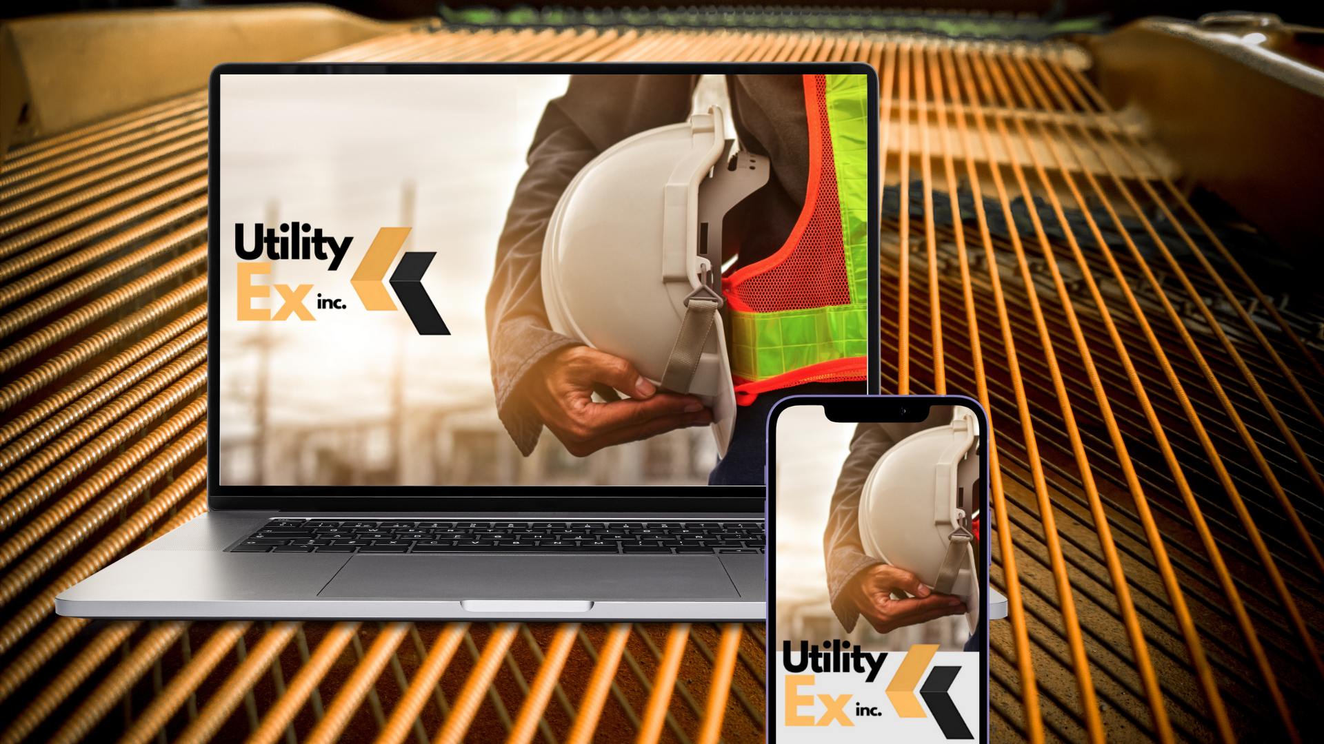 A laptop and a smartphone display the logo of Utility Ex Inc., with a background of electrical wiring and a person holding a safety helmet and vest.