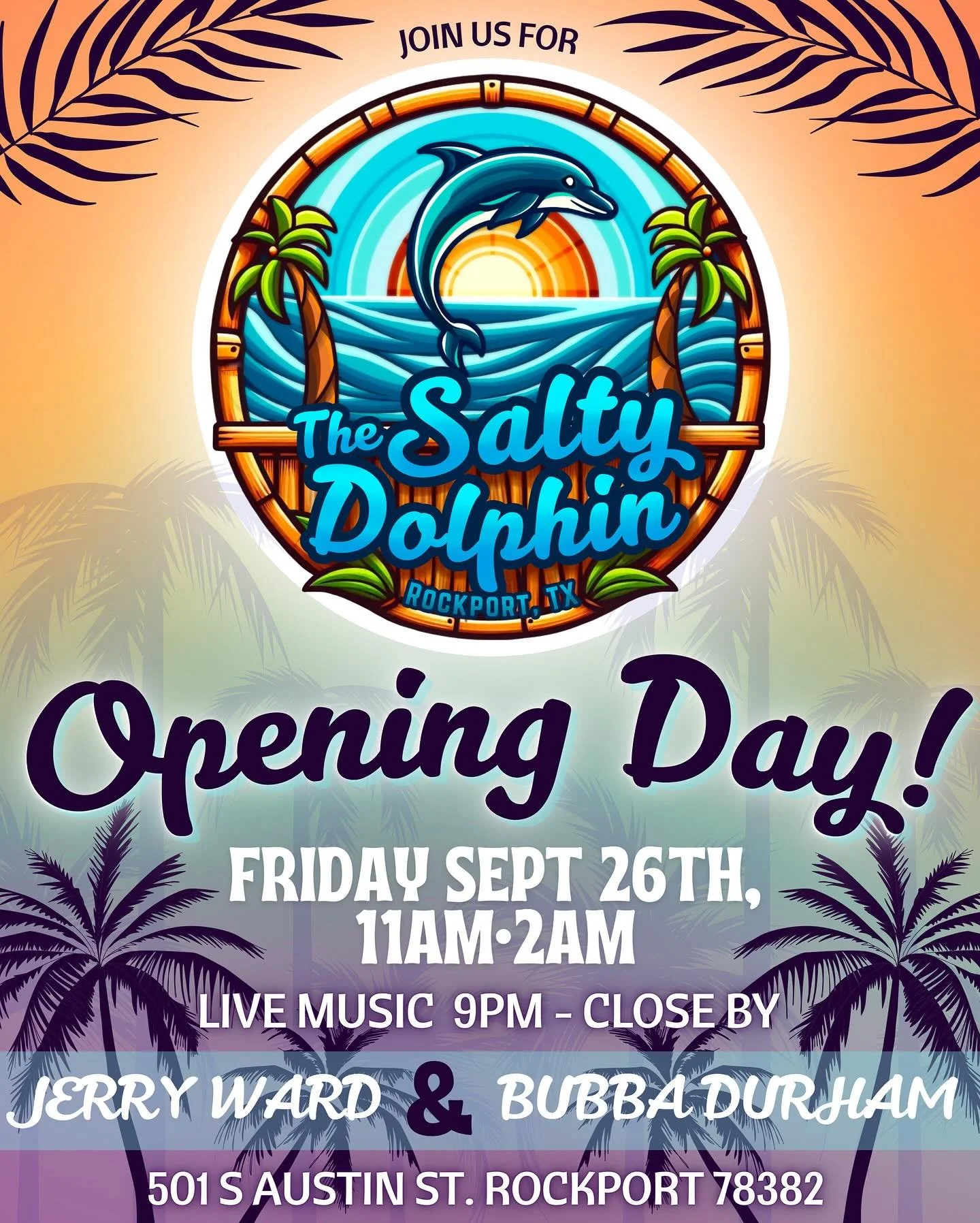 🎉🐬 It&rsquo;s finally happening, Rockport! 🐬🎉
TOMORROW is OPENING DAY for The Salty Dolphin!

📍 501 S Austin St, Rockport, TX 78382
🕚 Open 11AM&ndash;2AM

Come celebrate with us and be part of our very first day! 🎶
Live music kicks off at 9PM 