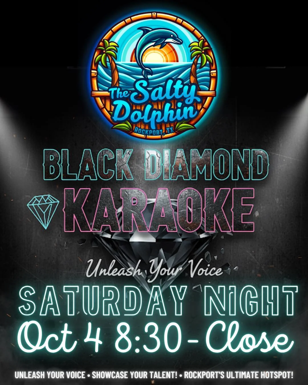 🎤✨ This Saturday, October 4th ✨🎤
Join us at The Salty Dolphin Rockport for our first ever night of karaoke!

🎶 Black Diamond Karaoke live in-house from 8:30pm to close
🍔 Grab a bite, sip on your favorite drink, and sing your heart out all night l