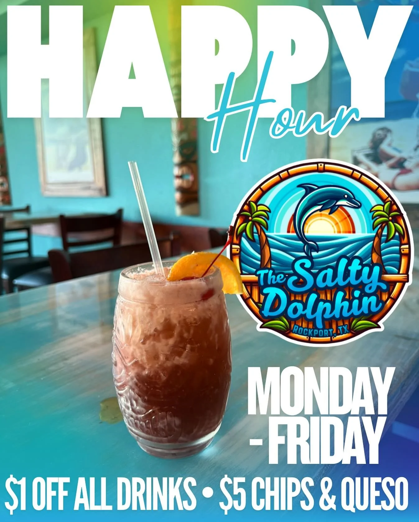 🎉 Happy Hour has officially arrived at The Salty Dolphin Rockport! 🐬

Join us Monday&ndash;Friday from 2&ndash;6 PM
🍹 $1 off all drinks
🧀 $5 chips &amp; queso

Come celebrate our very first Happy Hour with us today &mdash; good vibes, great drink