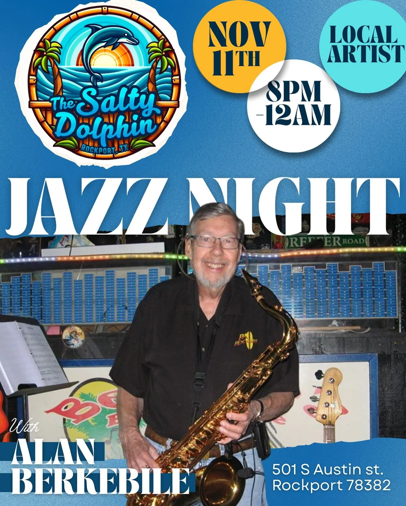 🎷✨ JAZZ NIGHT at The Salty Dolphin Rockport! 🌊🐬

Join us Monday, Nov 11th from 8PM&ndash;12AM for smooth sounds and good vibes with local artist Alan Berkebile live on the sax 🎶🍸

Kick back by the coast, sip your favorite cocktail, and enjoy a r