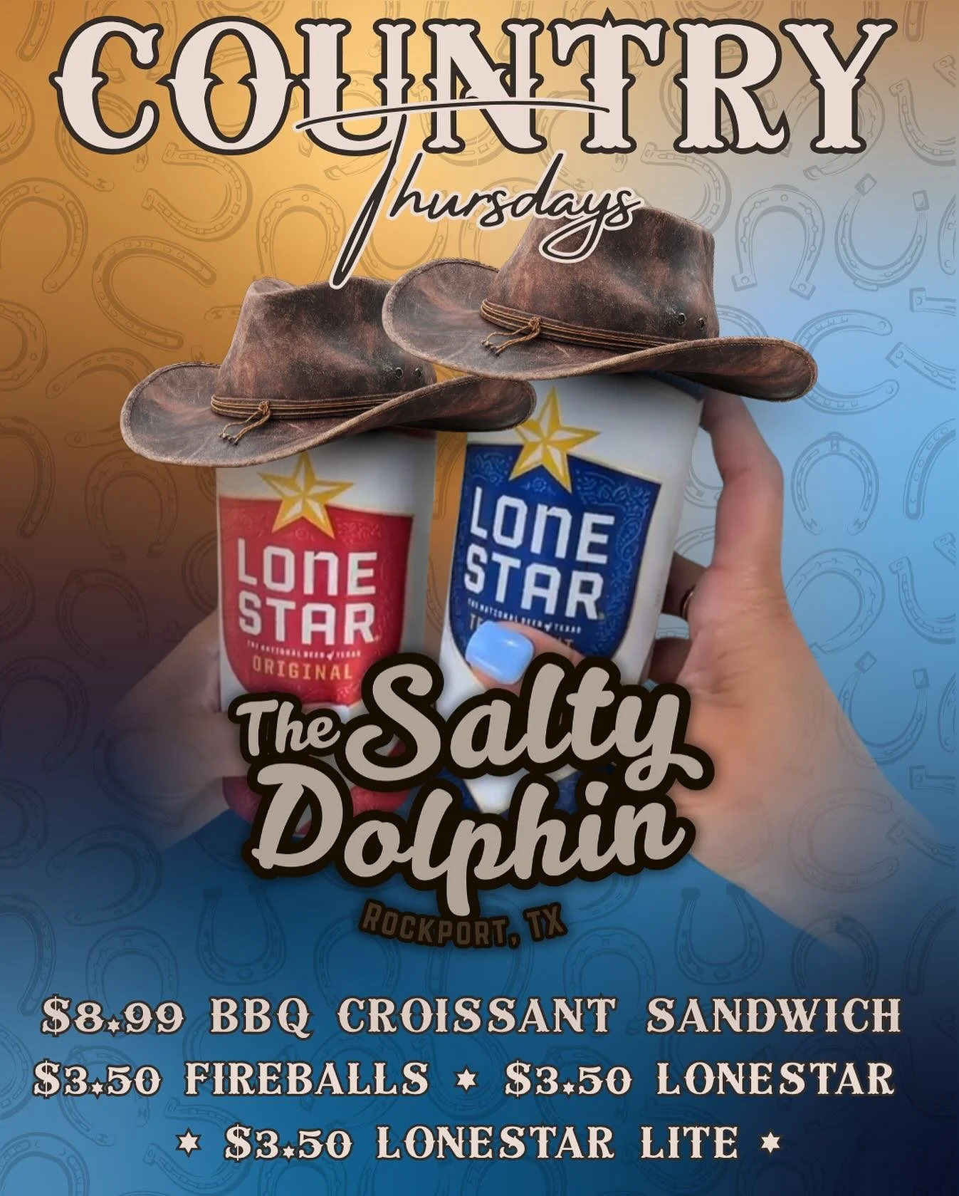 🤠 Country Thursdays at The Salty Dolphin! 🤠

Grab your boots and head down to Rockport&rsquo;s favorite spot for an ice-cold Lone Star and a little country flavor!

🔥 $8.99 BBQ Croissant Sandwich
🥃 $3.50 Fireballs
🍺 $3.50 Lone Star &amp; Lone St