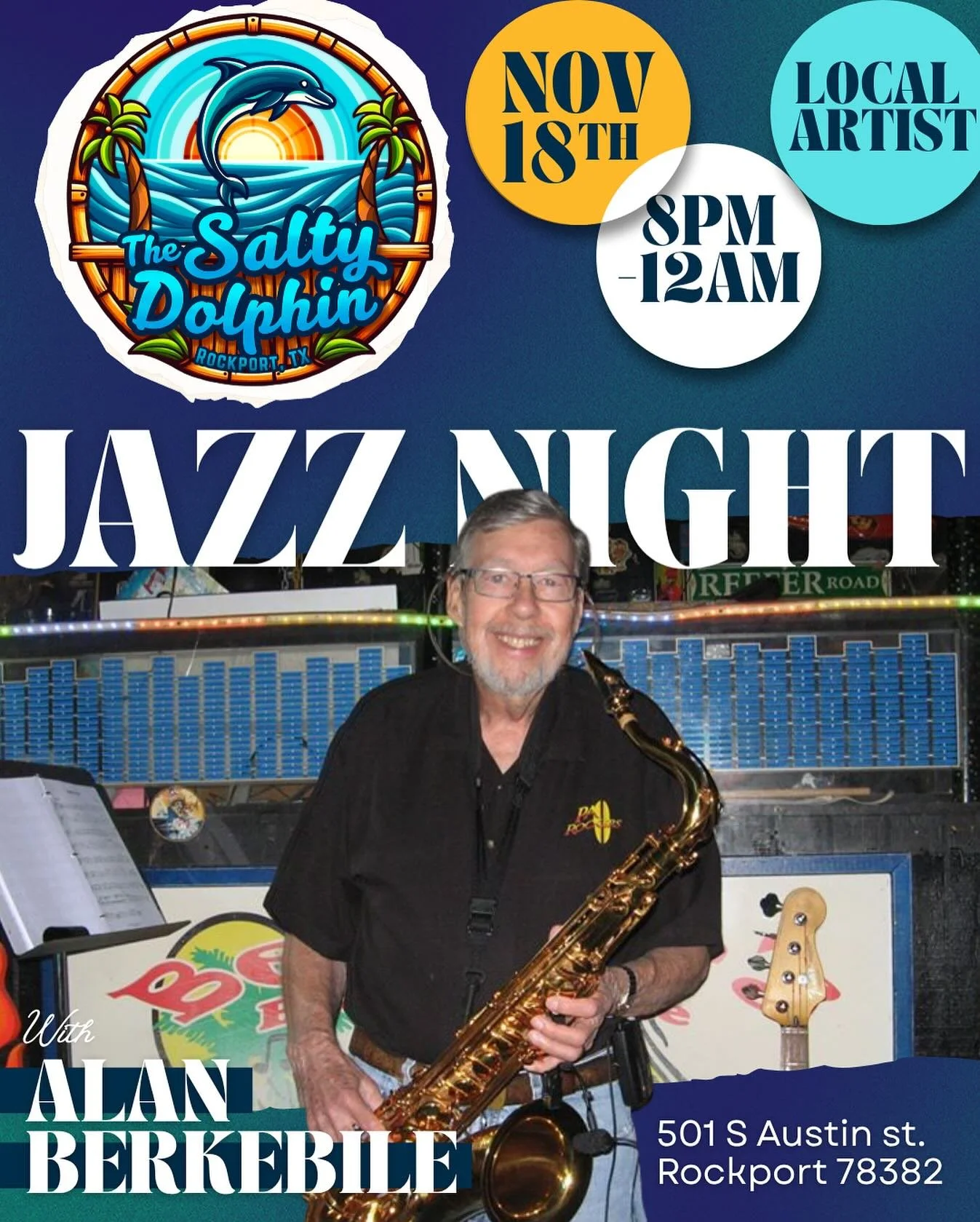 🎷 Jazz Night at The Salty Dolphin! 🎷

Tonight, November 18th, we&rsquo;re bringing smooth coastal vibes to Rockport with local jazz legend Alan Berkebile live from 8PM&ndash;12AM! 🌊✨

Grab a drink, kick back, and let the sax take you away at your 