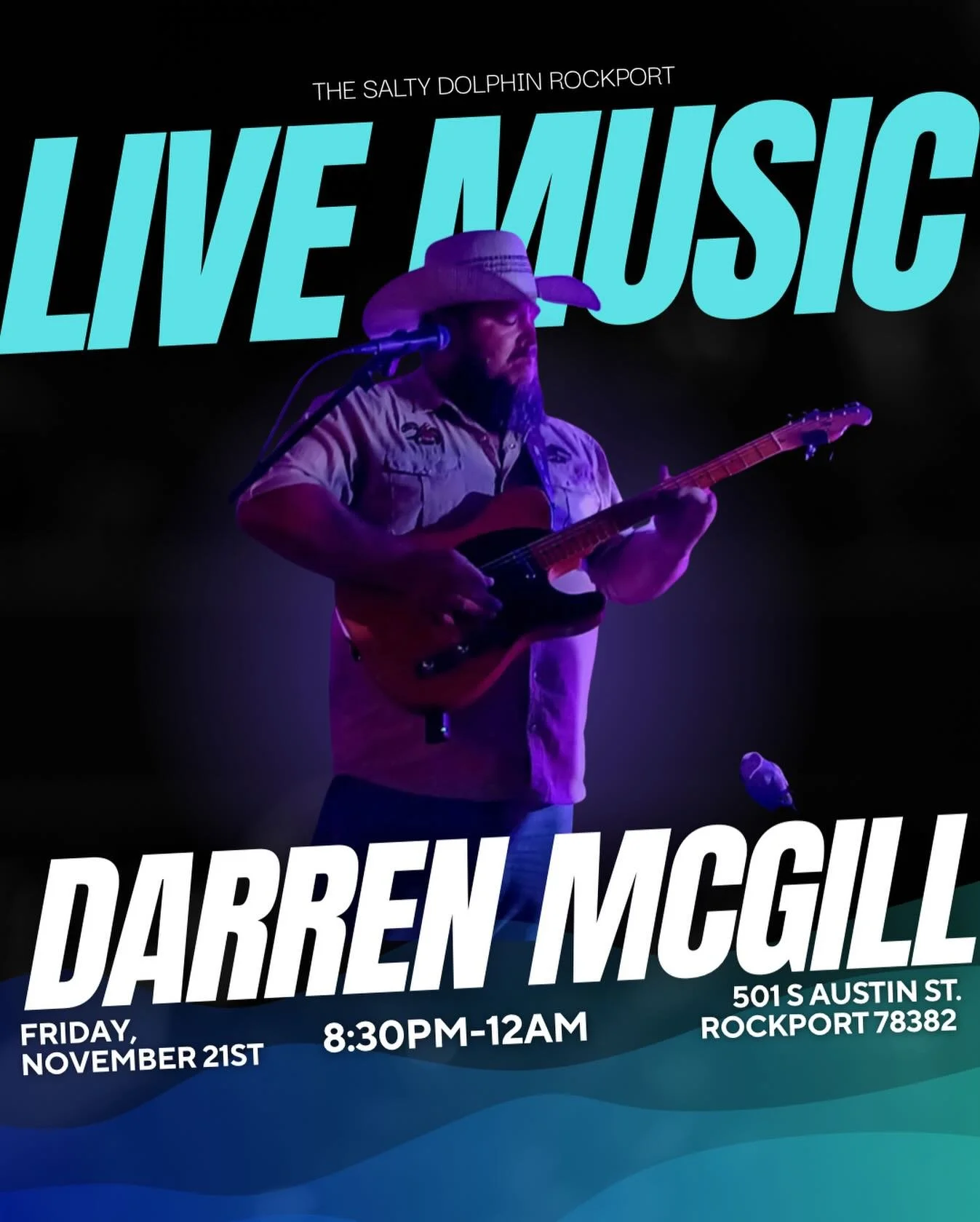 Get ready for a killer night of live music at The Salty Dolphin Rockport! 🤘🐬
Join us Friday, November 21st as Darren McGill takes the stage from 8:30PM&ndash;12AM!

Cold drinks, good vibes, and the perfect coastal backdrop &mdash; you already know 
