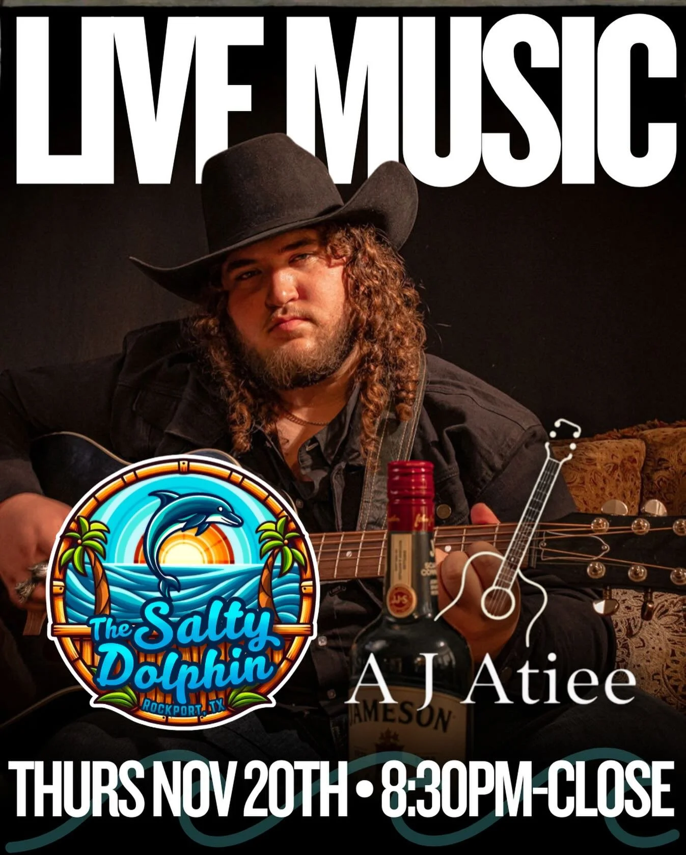 LIVE MUSIC TONIGHT at The Salty Dolphin!
Join us in Rockport for a Thursday night filled with cold drinks, good vibes, and live tunes from AJ Atiee! 🎸🤠

📅 Tonight &mdash; Thursday, Nov 20th
⏰ 8:30PM&ndash;Close
📍 The Salty Dolphin Rockport, TX

G