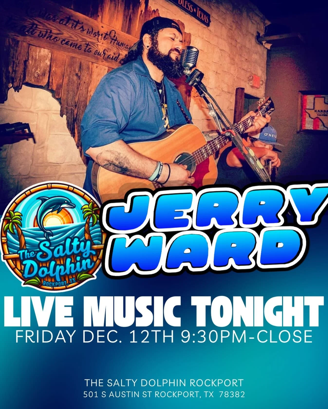 🎶🌊 LIVE MUSIC TONIGHT at The Salty Dolphin! 🌊🎶

Kick back and enjoy an incredible night of live music with Jerry Ward tonight!
🎸 Friday, Dec. 12th
⏰ 9:30PM&ndash;Close

Cold drinks, coastal vibes, and great tunes waiting for you in Rockport.
📍 