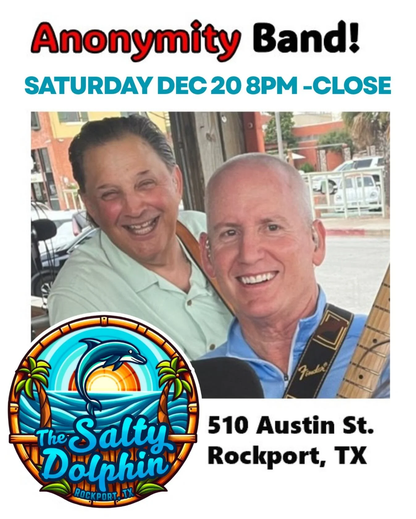 🎶 LIVE MUSIC TONIGHT AT THE SALTY DOLPHIN ROCkPORT 🎶

Catch Anonymity Band bringing the vibes tonight, Saturday Dec 20, from 8PM &lsquo;til close! 🌊🍻
Cold drinks, great tunes, and the best atmosphere in Rockport &mdash; don&rsquo;t miss it.

📍 T