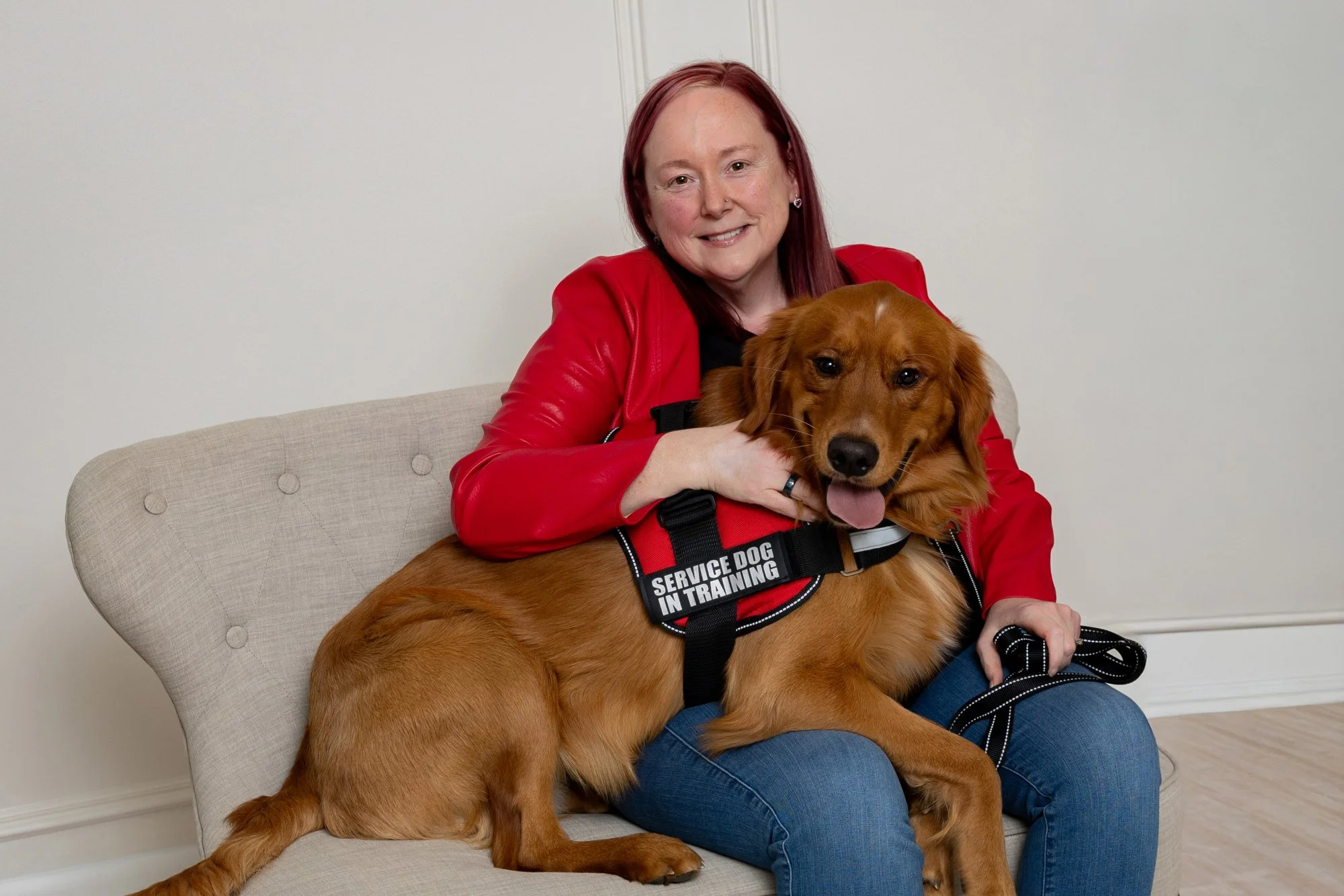 Jenn Bovee, LCSW, EMDRIA Certified Therapist specializing in trauma and nervous system regulation and service dog, Remus