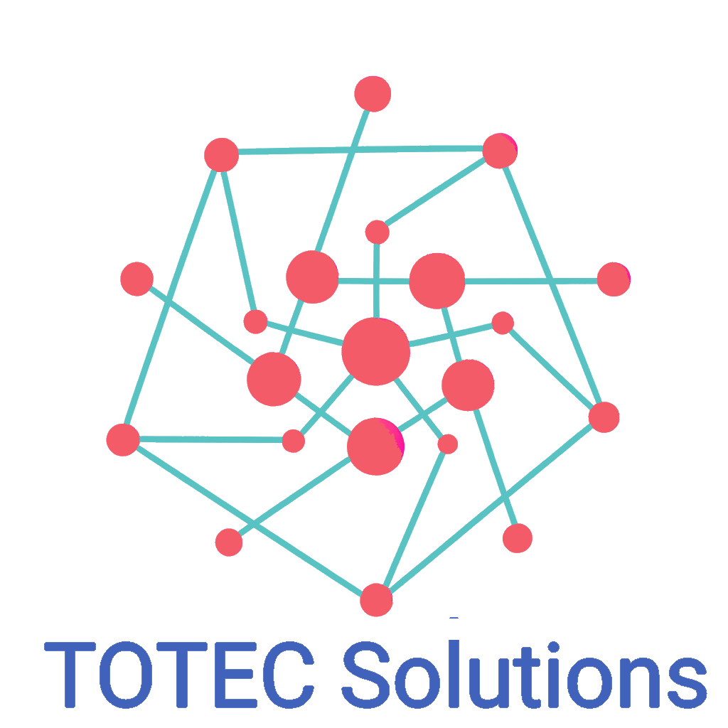 A network of interconnected pink circles of varying sizes connected by blue lines, with the text 'TOTEC Solutions' underneath.