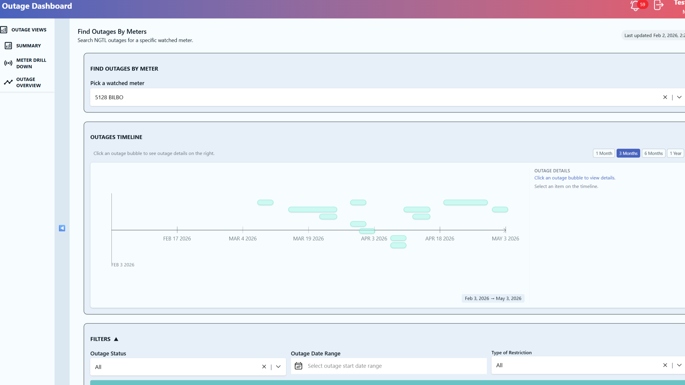 Dashboard showing outage report for a utility meter. It includes a section to find outages by meter with a specific meter ID, a timeline chart of outages over a three-month period, and options to filter outage status and date range.