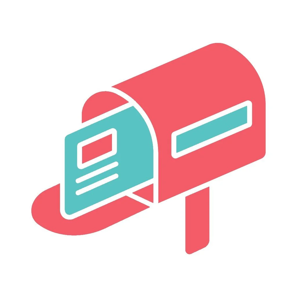 Illustration of a red mailbox with an open slot, showing a letter inside.