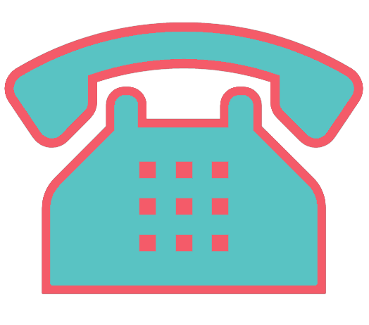 A stylized illustration of a vintage rotary phone in teal with a red outline.