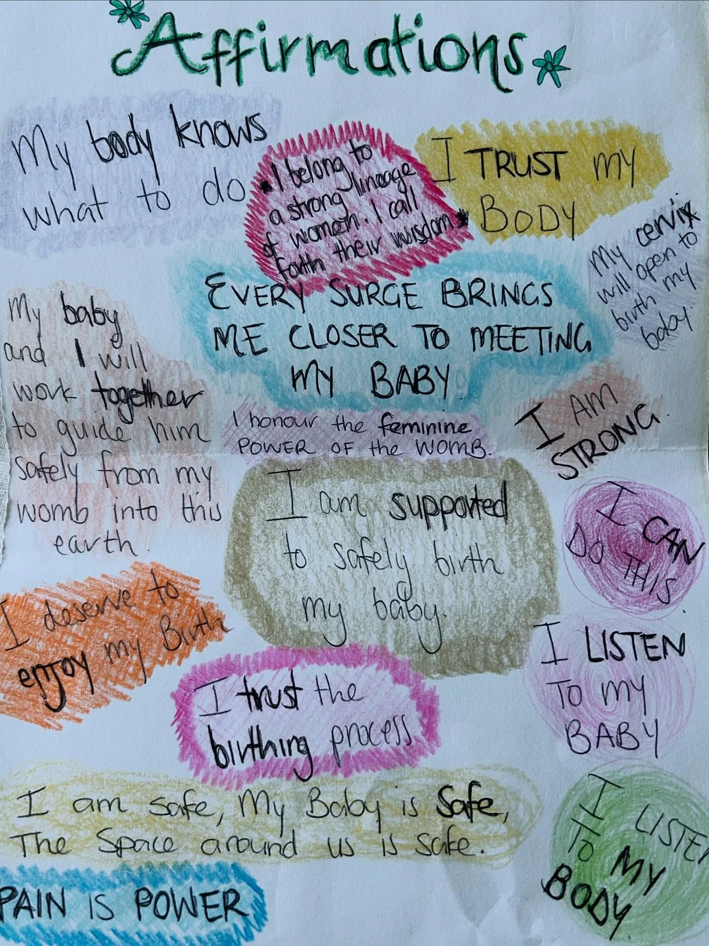 Tonight, the kids decided they wanted to open their little treasure boxes, where we keep all their most special things. As my son pulled something out to read to me, my heart skipped.
It was my birth affirmations. The same ones I had pinned up in the