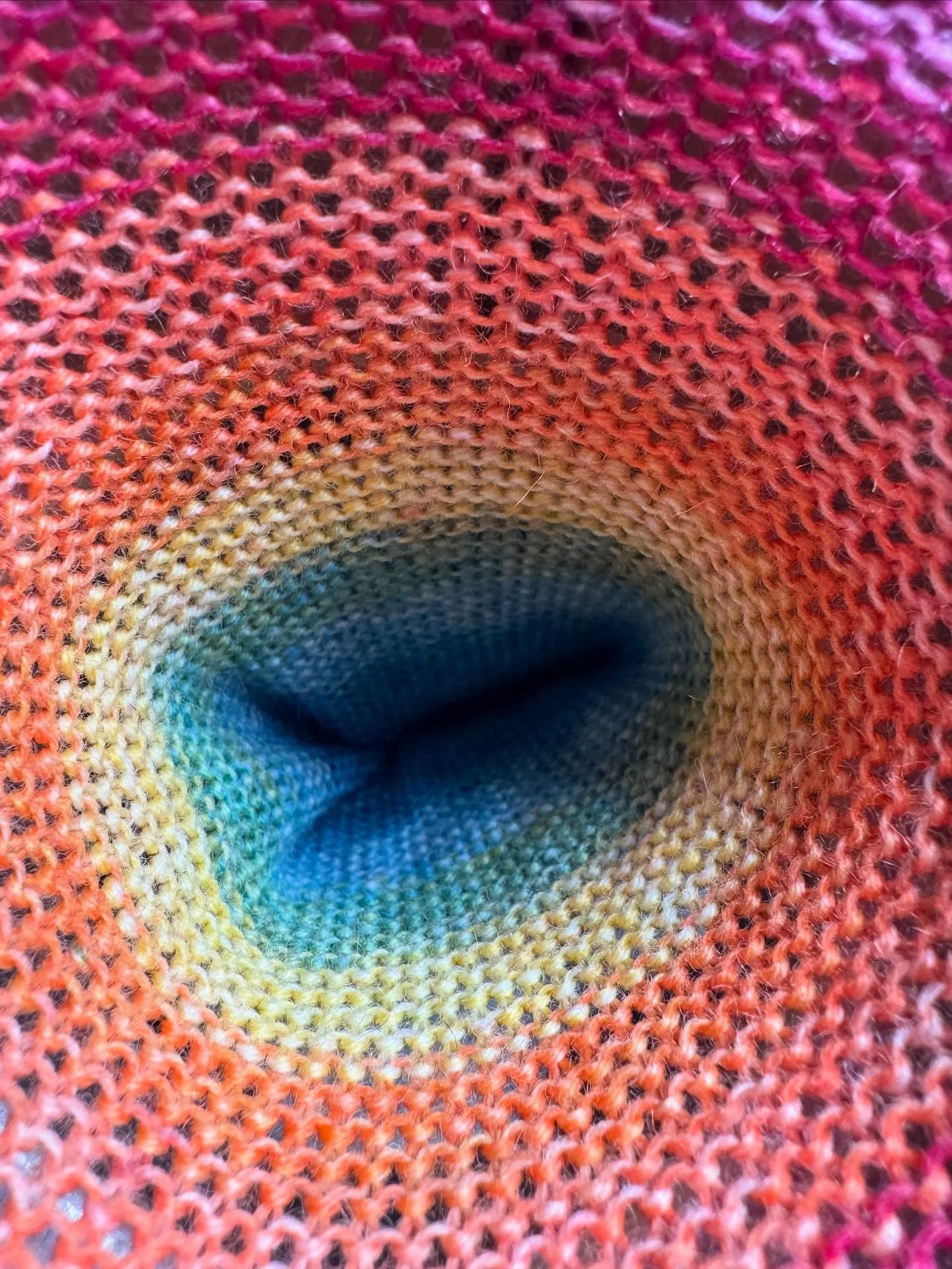 Sometimes it&rsquo;s fun to just look down the center of a sock tube! #rainbowsockyarn #shesarainbow #crankingsock #sockmaking
