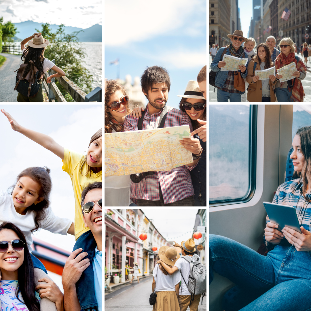 Collage of different traveler types who will enjoy a Full Auntie itinerary