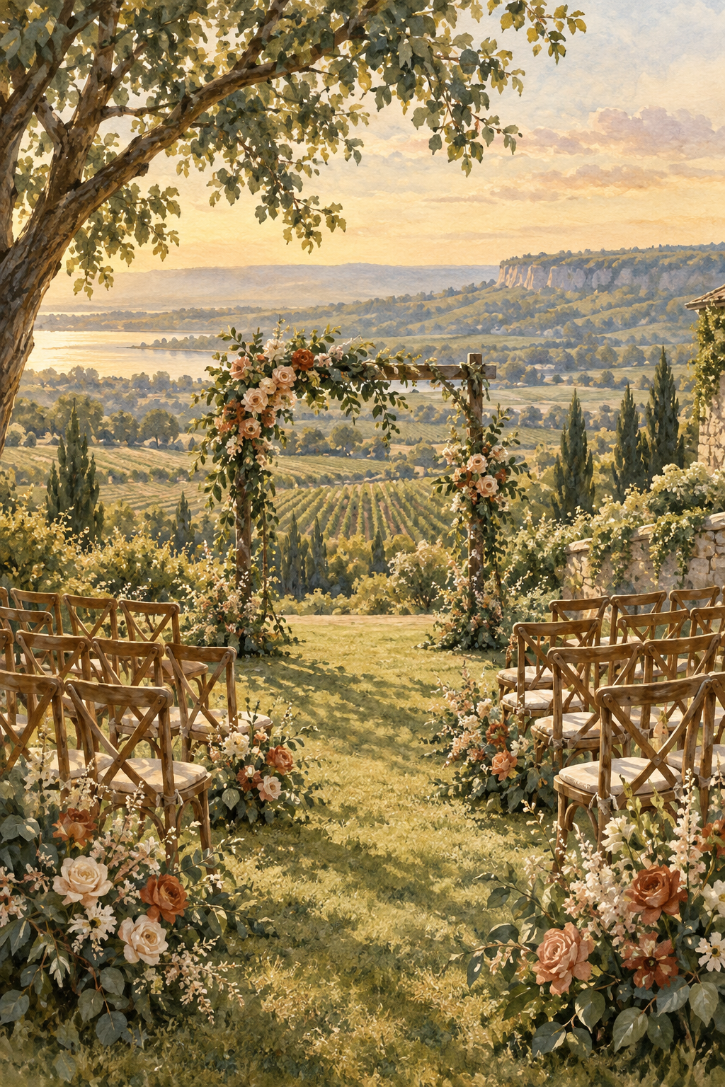 Illustration of a floral wedding arch and chairs overlooking a sunlit landscape