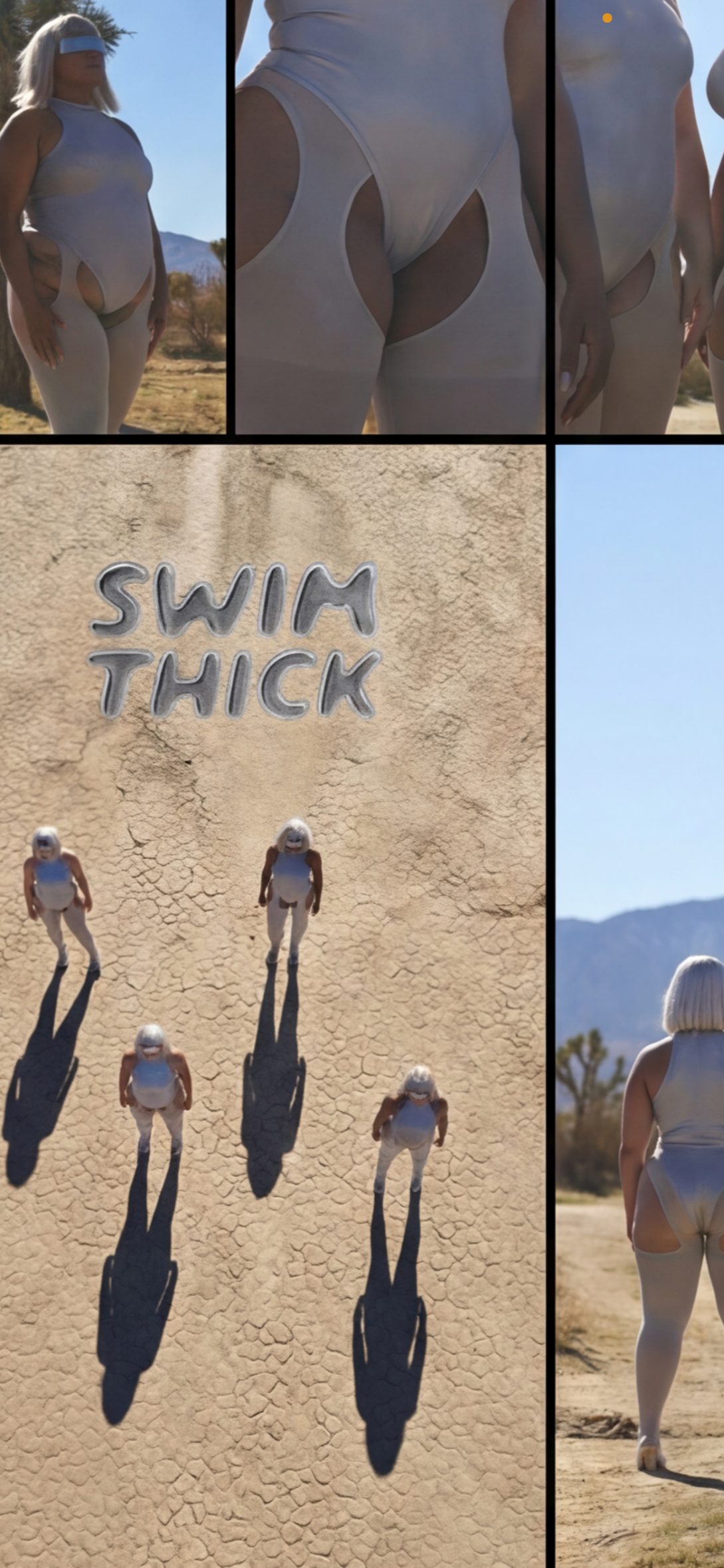 A collage of images featuring women in futuristic white outfits in a desert landscape with Joshua trees. The central image shows four women standing on cracked desert ground with their long shadows, and a sign that reads 'SWIM THICK' in metallic letters.