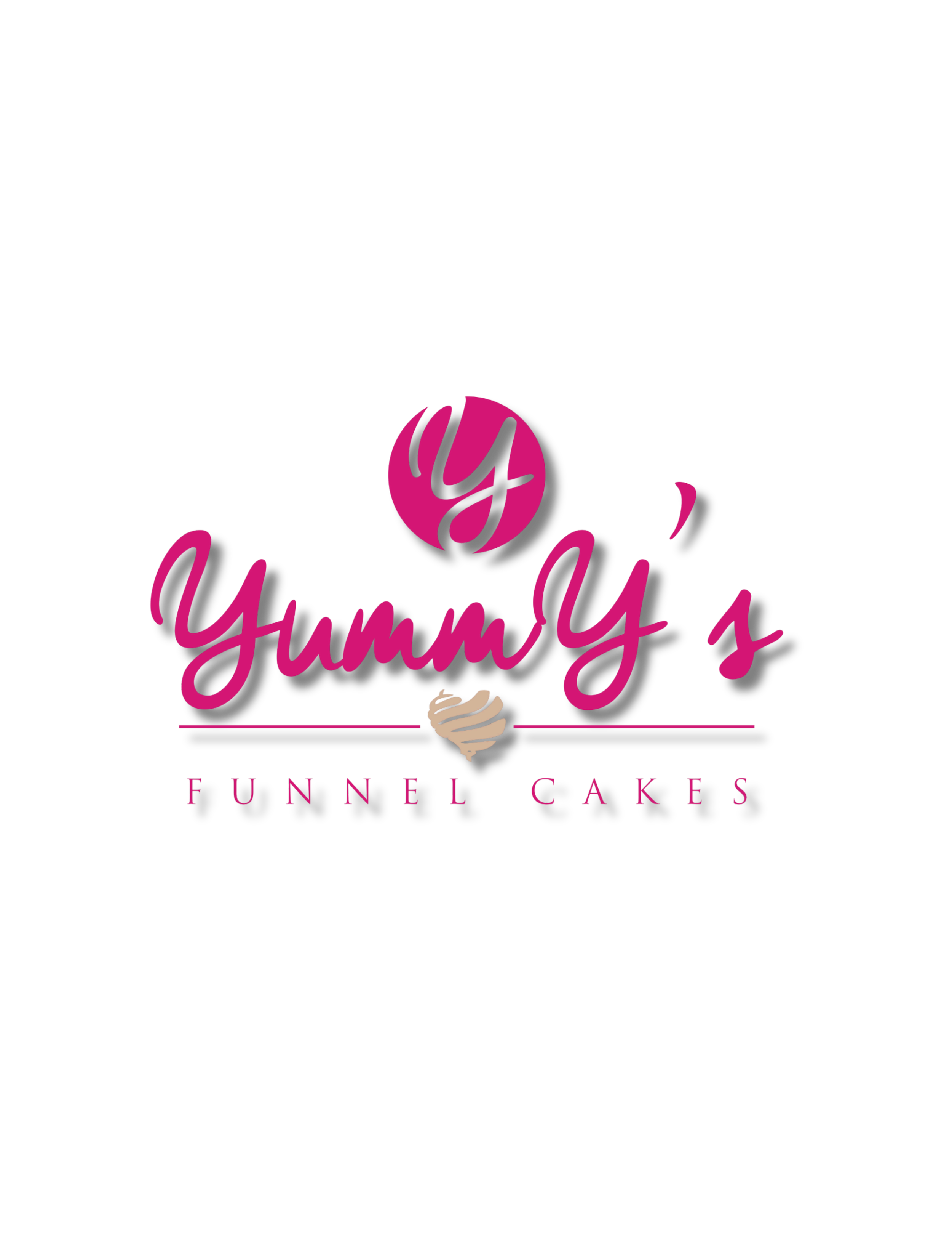 Logo for 'Yummy Y's Funnel Cakes,' featuring pink and black text with a stylized cake illustration and a hand icon.