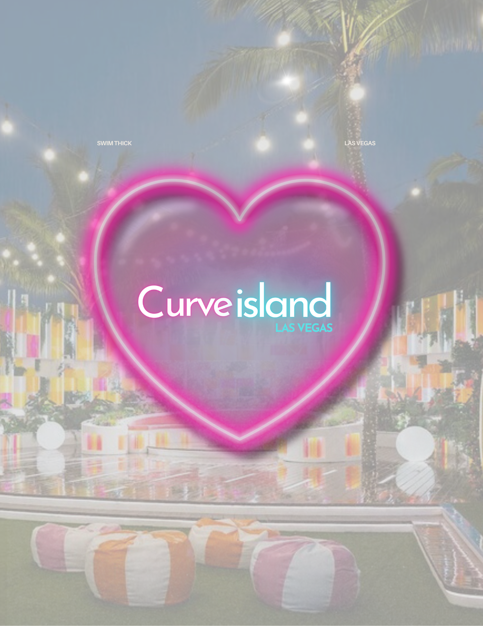 Nighttime scene of an outdoor area with a neon pink heart-shaped sign that reads 'Curve island LAS VEGAS' in the center. The background includes palm trees, string lights, and colorful illuminated structures and decorations.