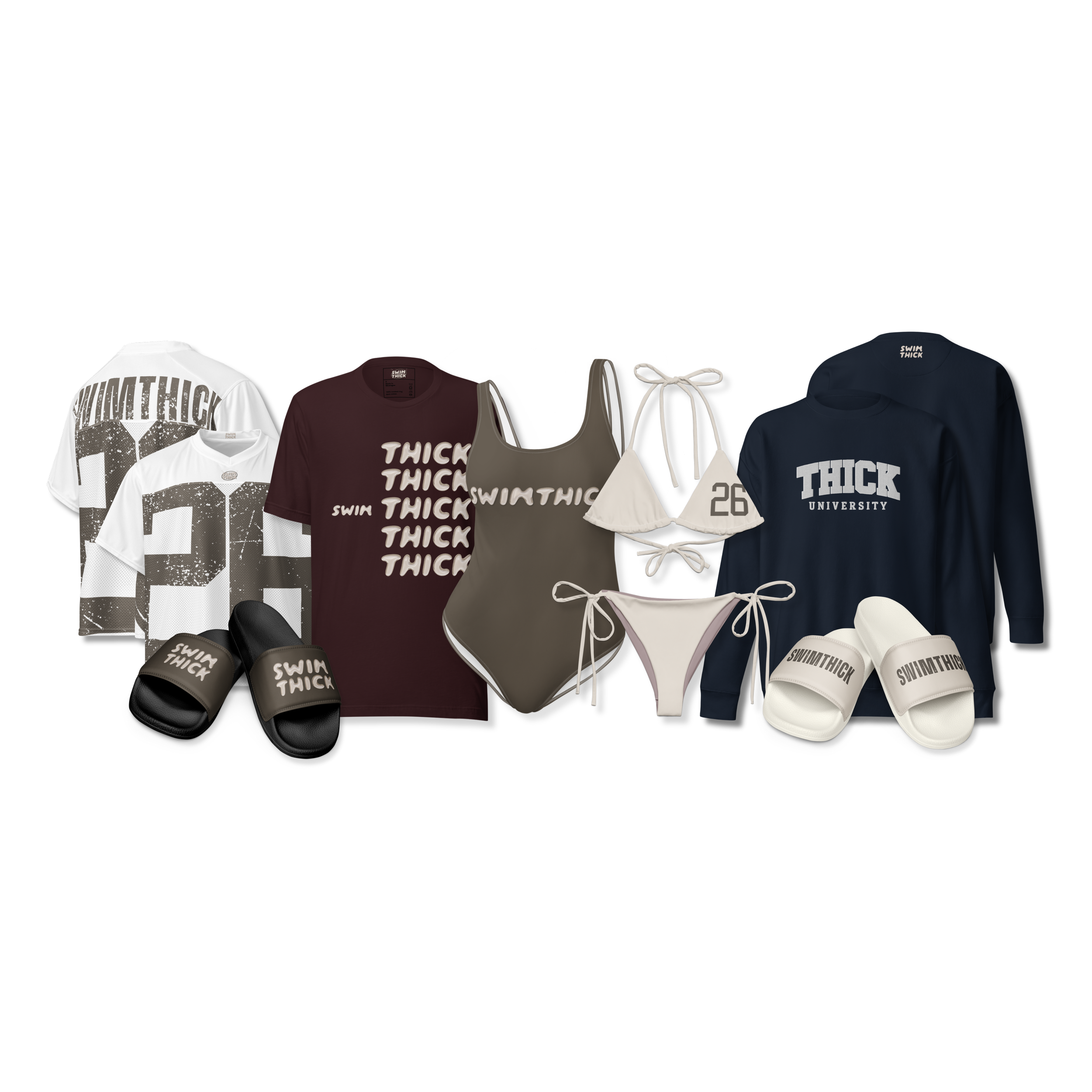 Four T-shirts and a hoodie with 'Thick' and related slogans displayed in various designs and colors.