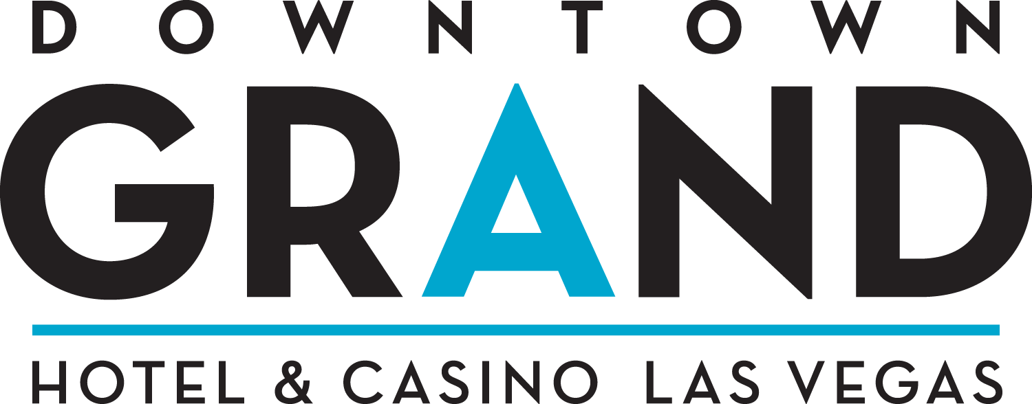 Logo for Downtown Grand Hotel & Casino Las Vegas, featuring the word 'GRAND' with a blue letter 'A' and a blue line underneath.