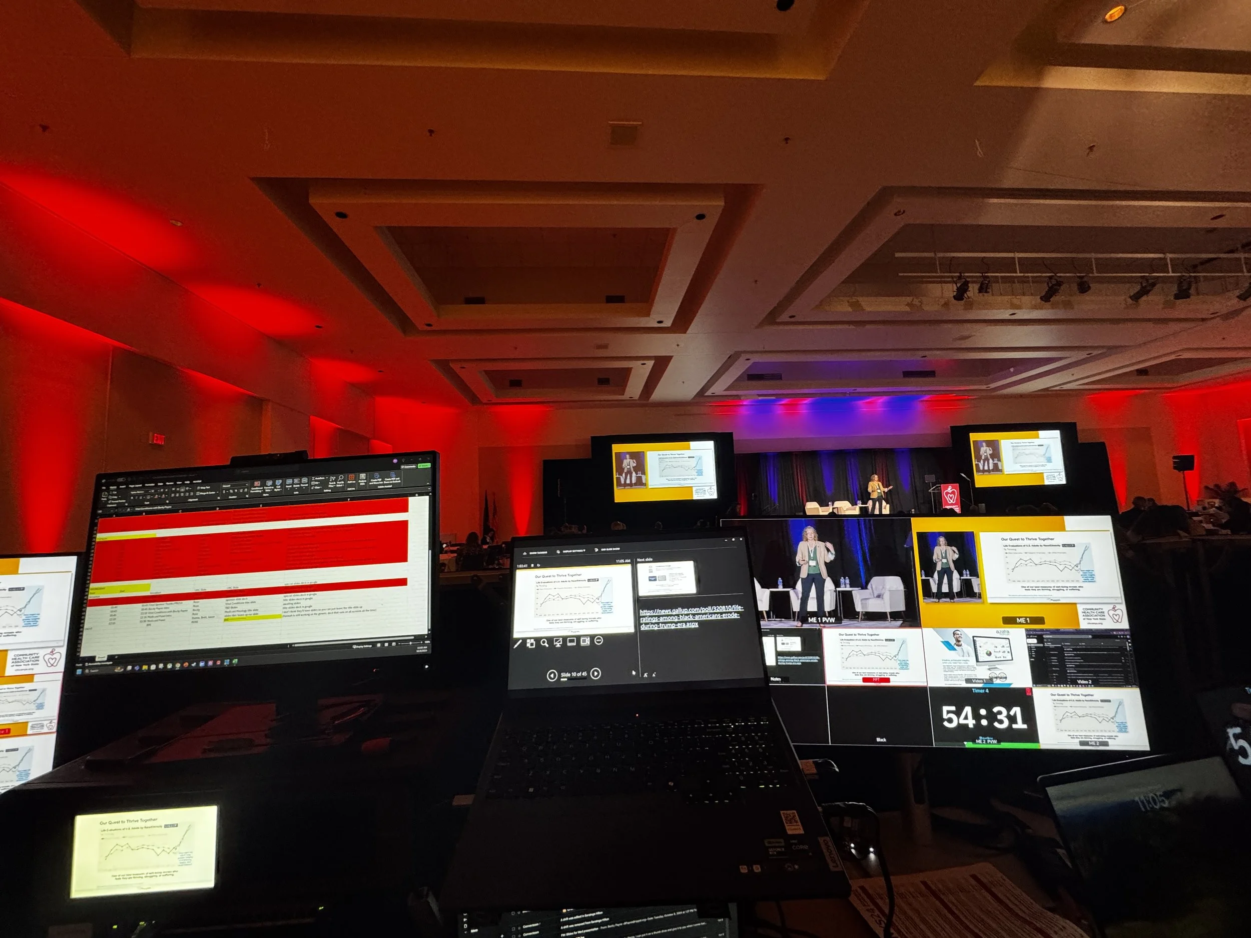 At a conference or event, multiple computer monitors display presentations and data while a stage with a speaker and a large screen is visible in the background, illuminated with colorful lighting.