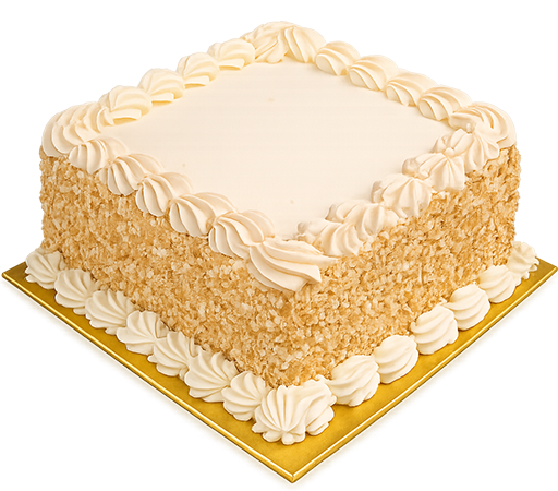 Square layered cake with white frosting and cream piping decorations on top and around the edges, placed on a gold-colored base.