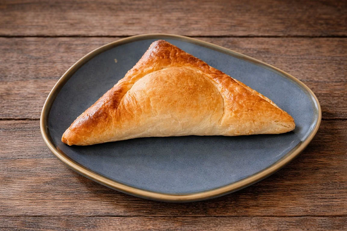 A triangular, golden-brown pastry on a blue ceramic plate on a wooden table.