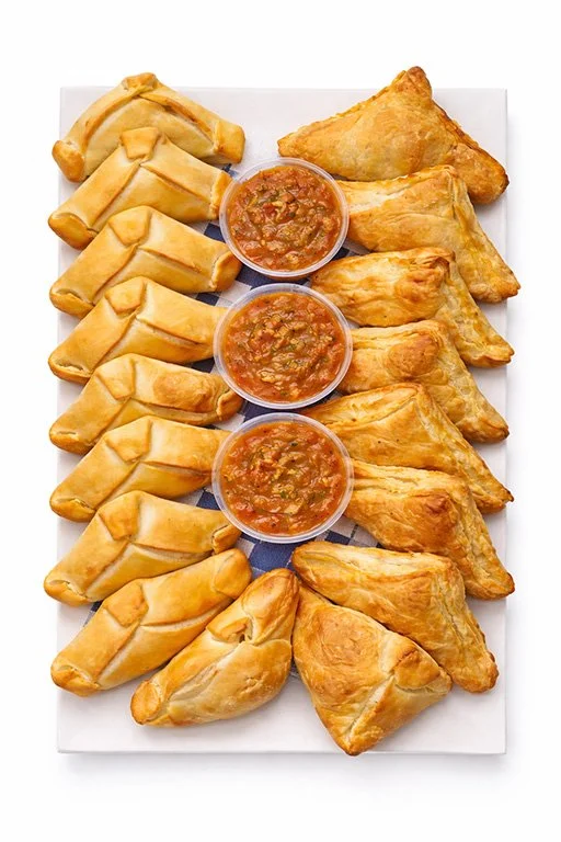 Assorted marcianos empanadas with three containers of pebre dipping sauce on a white tray