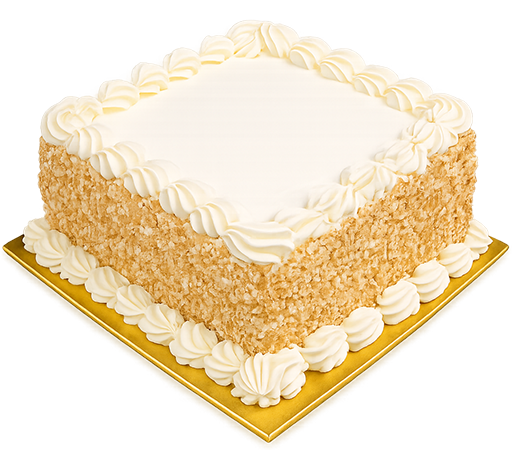 Square cake with white frosting and crumb coating, decorated with piped white frosting along the edges, placed on a gold cake board.