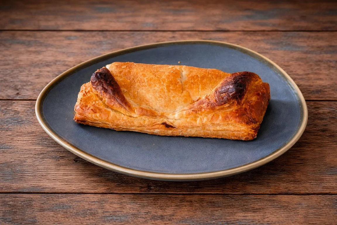 A pastry with a golden-brown, crispy exterior on a dark oval plate, placed on a wooden surface.