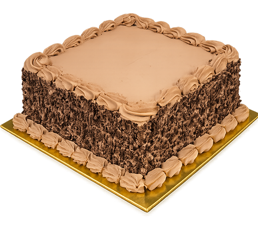 Square chocolate cake with light brown frosting, decorated with rosette borders on top and bottom, on a gold tray.
