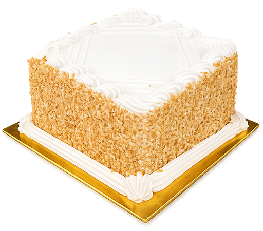 Square birthday cake with white frosting, decorated with meringue borders, on a gold tray.