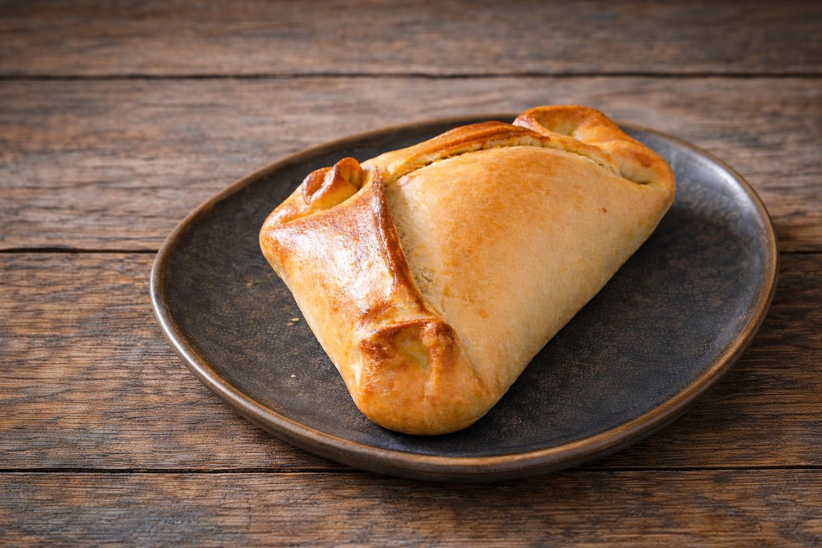 Marcianos Empanada on a plate on a wooden table.
