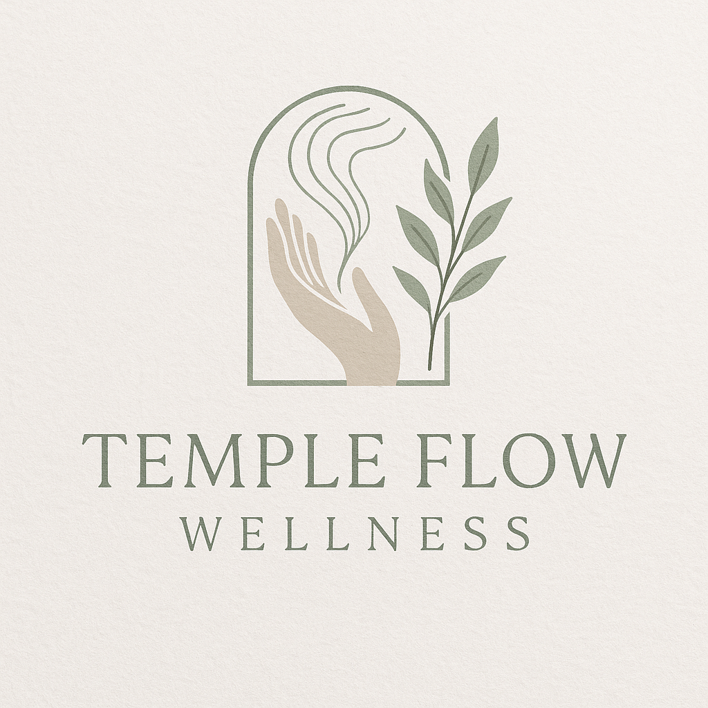 Minimalist logo for Temple Flow Wellness featuring a hand a plant and steam rising in a simple line art design with the text 'Temple Flow Wellness'.