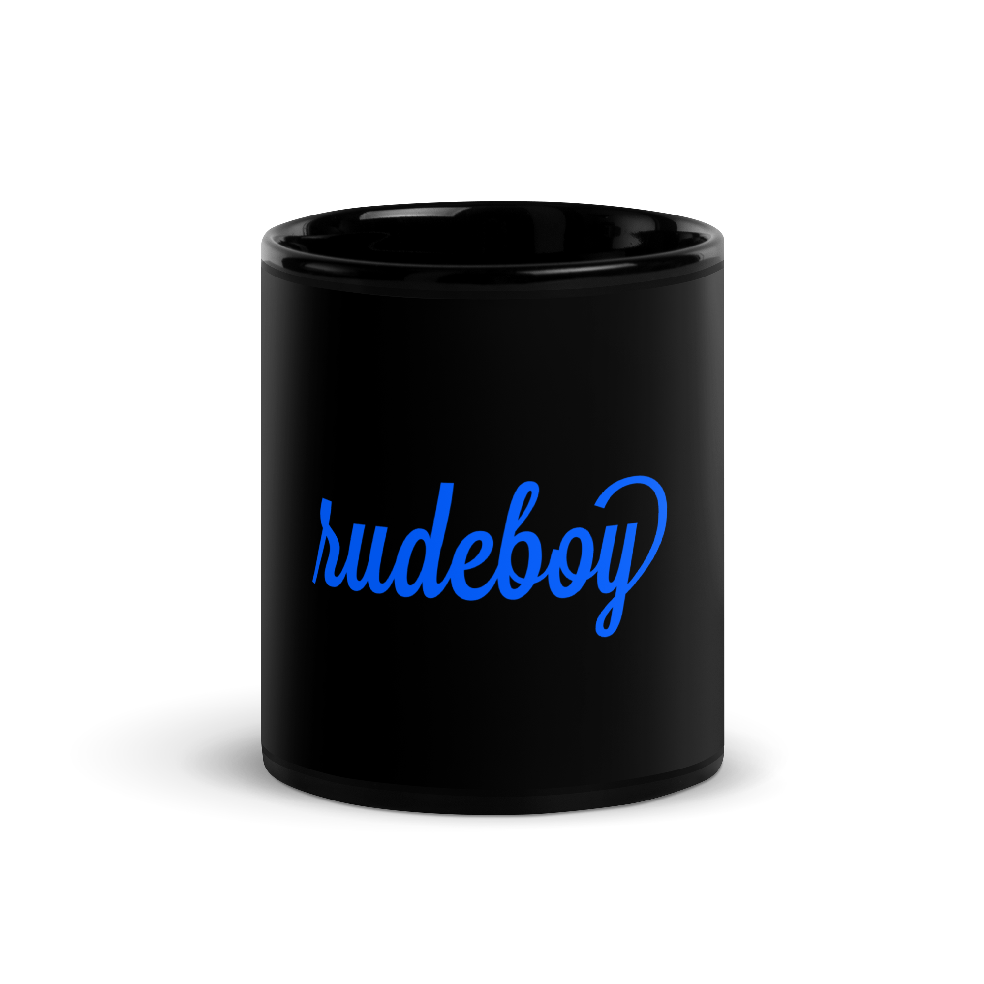 Rudeboy Blue Text Black Glossy Mug